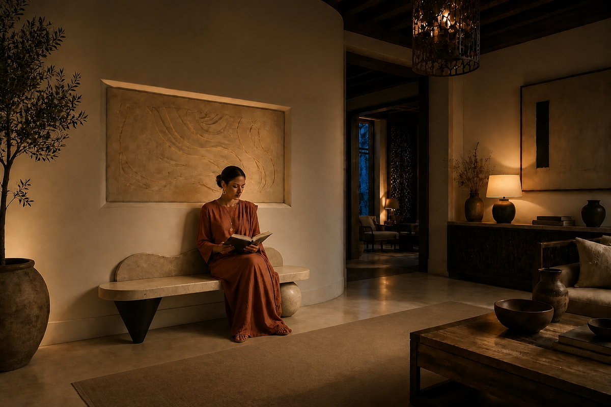 Quieto 180 stone sculptural bench, in a room setting under evening light
