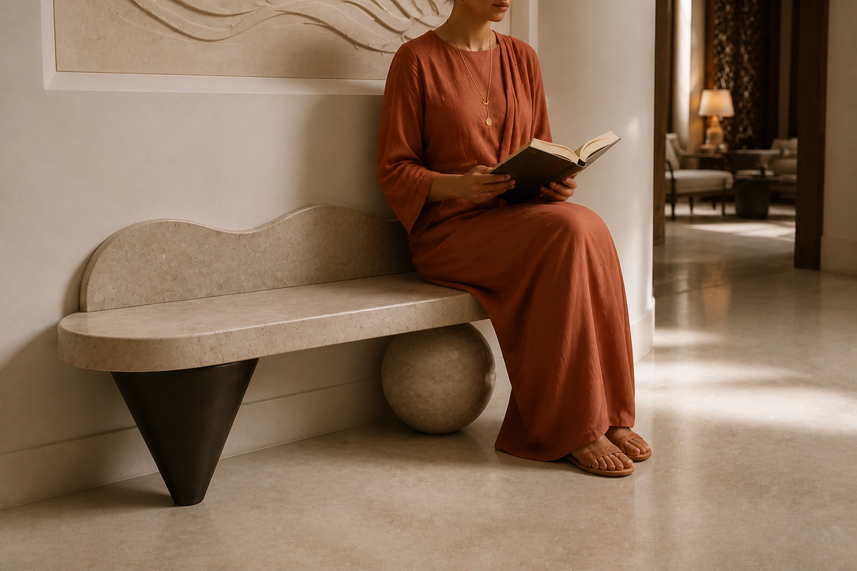 Quieto 180 stone sculptural bench, close view of the form in its setting