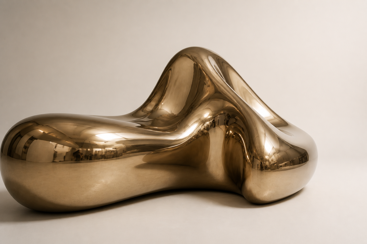 Raha 150 bronze sculptural bench, three-quarter studio view showing its profile