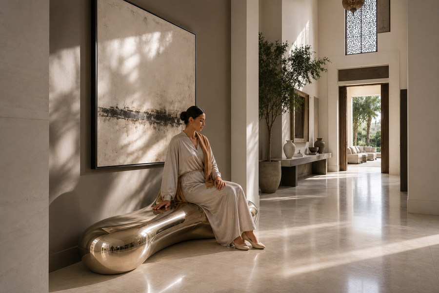 Raha 150 bronze sculptural bench, shown in a room setting, at full scale