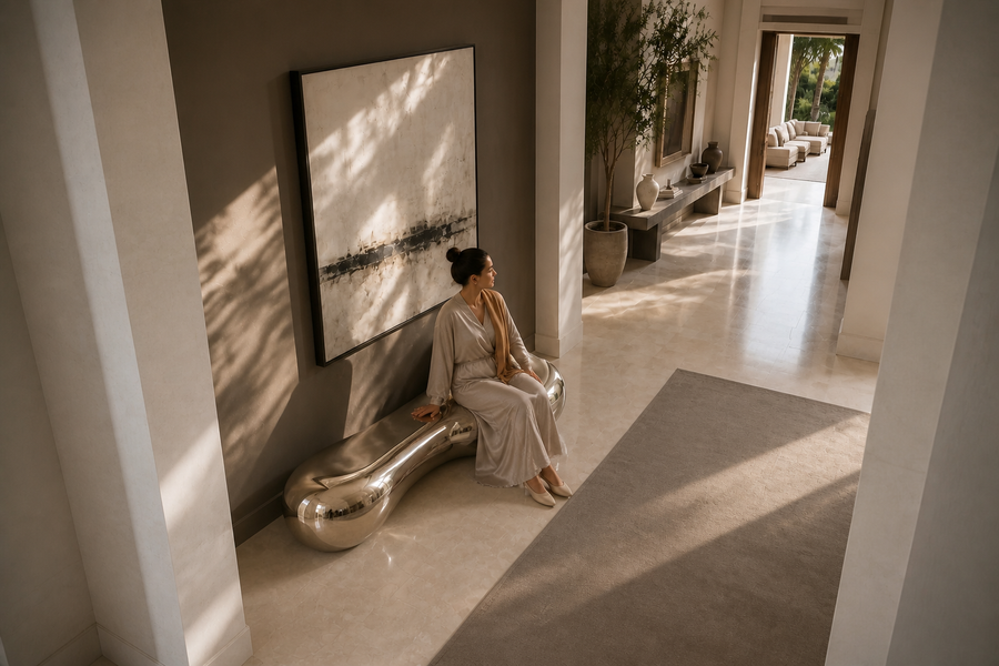 Raha 150 bronze sculptural bench, overhead view in a room setting