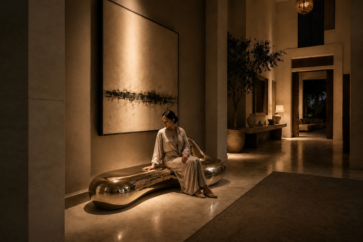 Raha 150 bronze sculptural bench, in a room setting under evening light