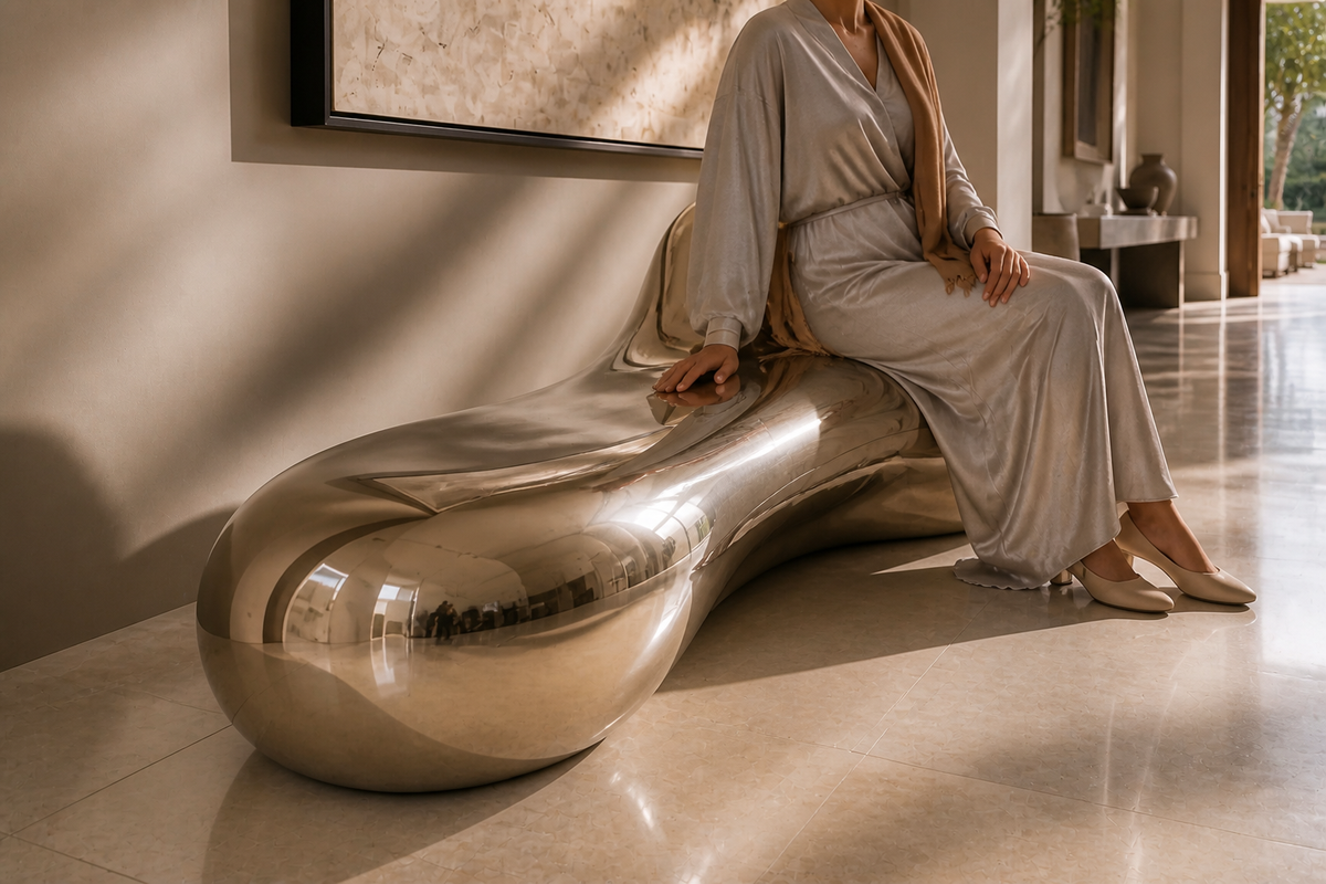 Raha 150 bronze sculptural bench, close view of the form in its setting