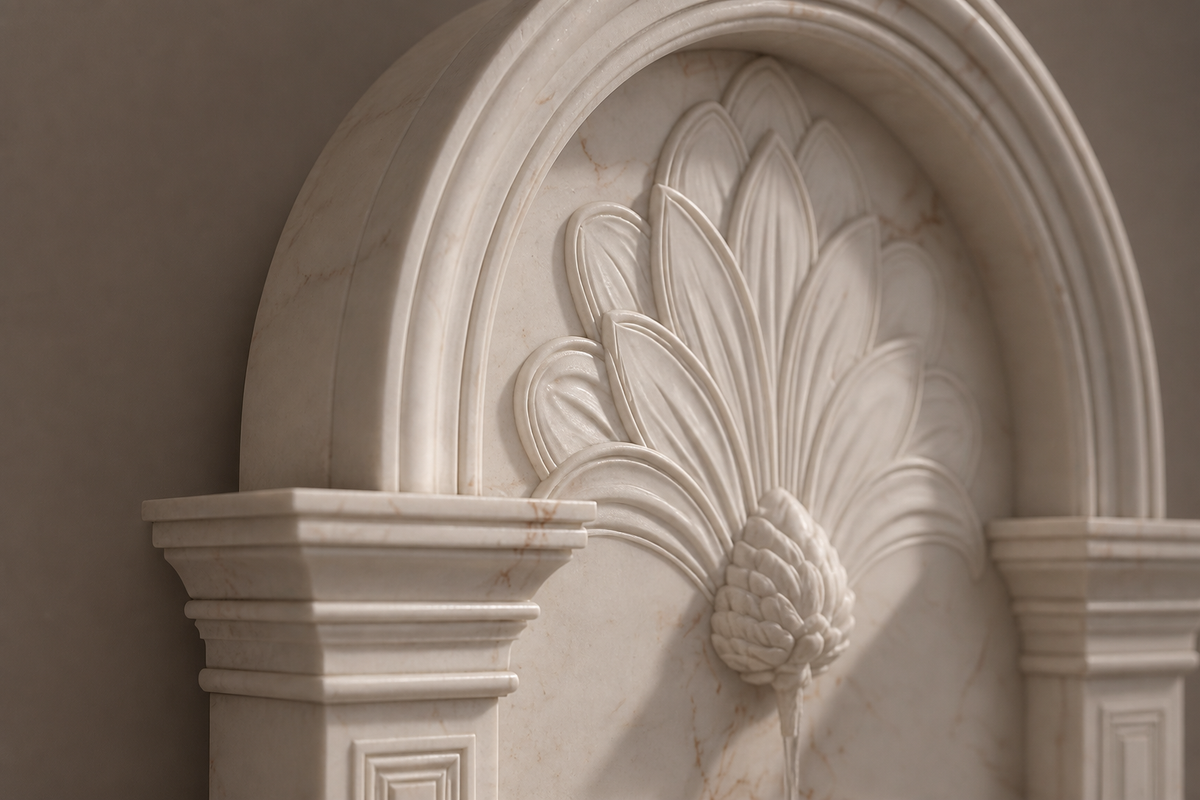 Raheeq marble wall fountain, close detail of the surface and edge