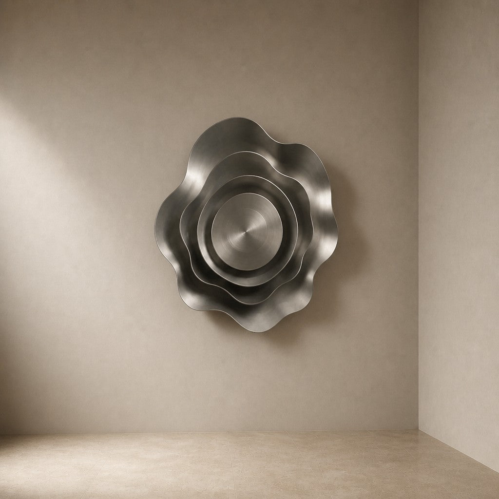 Rakwa — 110 × 110 cm satin steel wall sculpture of nested scalloped bowls, three-quarter studio view showing its profile