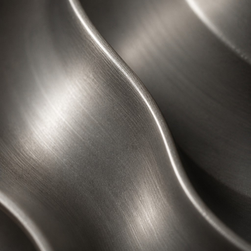 Rakwa — 110 × 110 cm satin steel wall sculpture of nested scalloped bowls, close studio detail of the surface and material