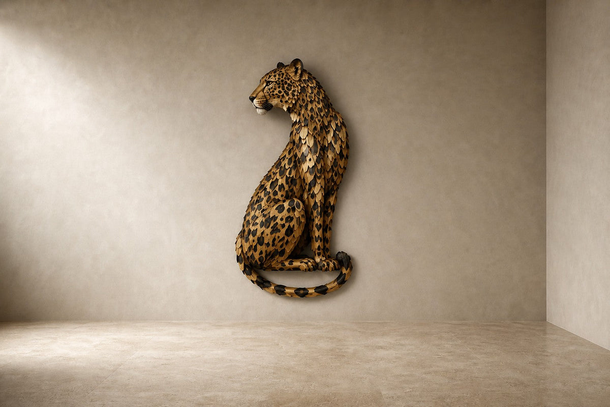 Rasad 150 — 150 cm brass wall sculpture of a seated leopard, studio view of the whole piece