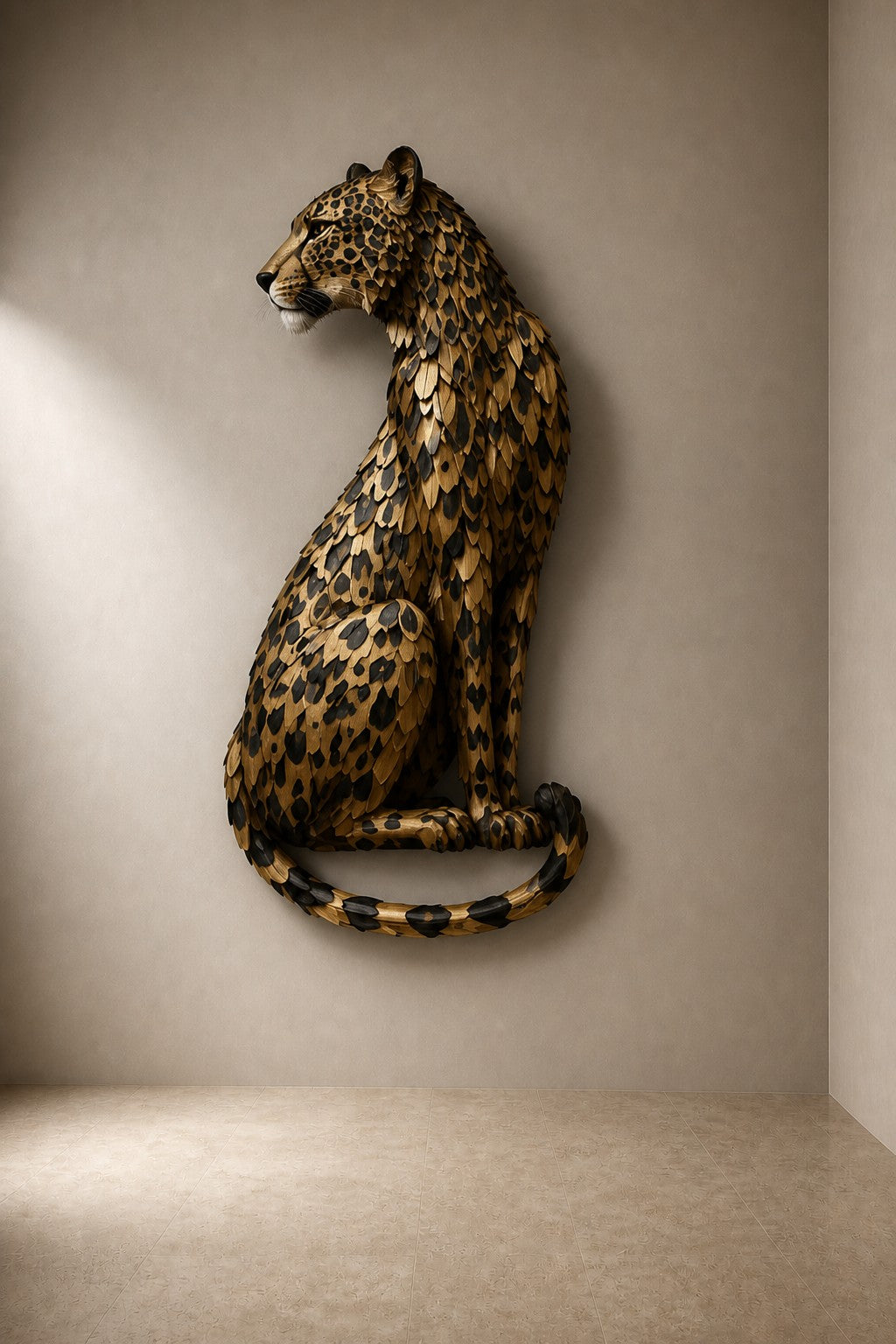 Rasad 150 — 150 cm brass wall sculpture of a seated leopard, three-quarter studio view showing its profile