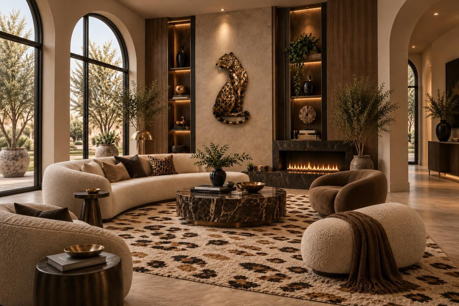 Rasad 150 — 150 cm brass wall sculpture of a seated leopard, placed in a furnished room