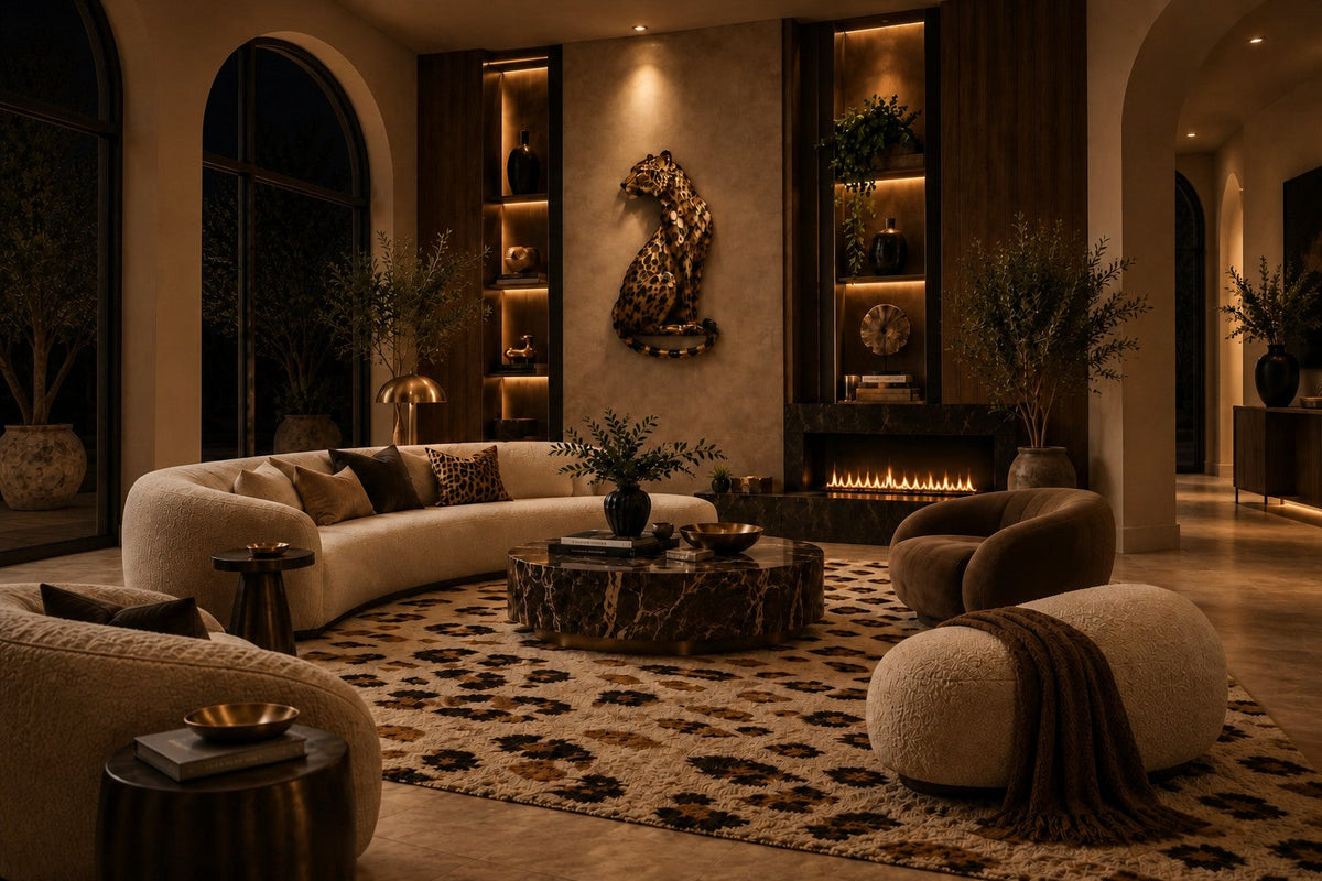 Rasad 150 — 150 cm brass wall sculpture of a seated leopard, the same room at night, lamps on