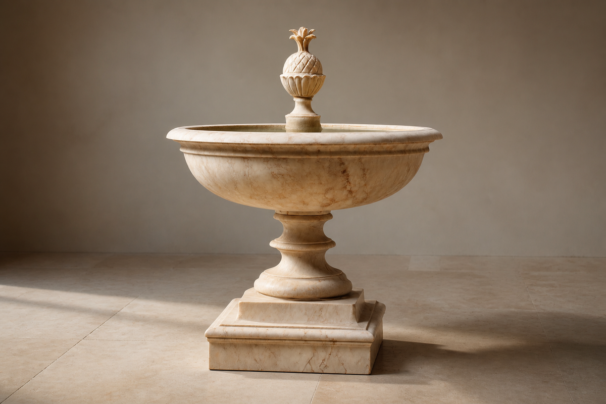 Ravello stone tiered fountain, three-quarter studio view showing its profile and base
