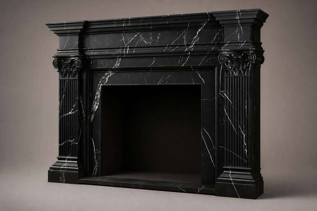 Ravenna nero fireplace, studio view of the whole piece
