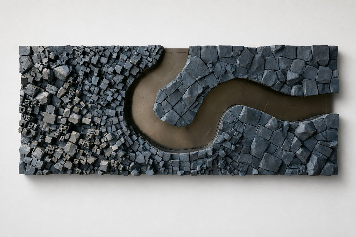 Recodo — slate stone block wall relief with a bronze river bend, studio front view