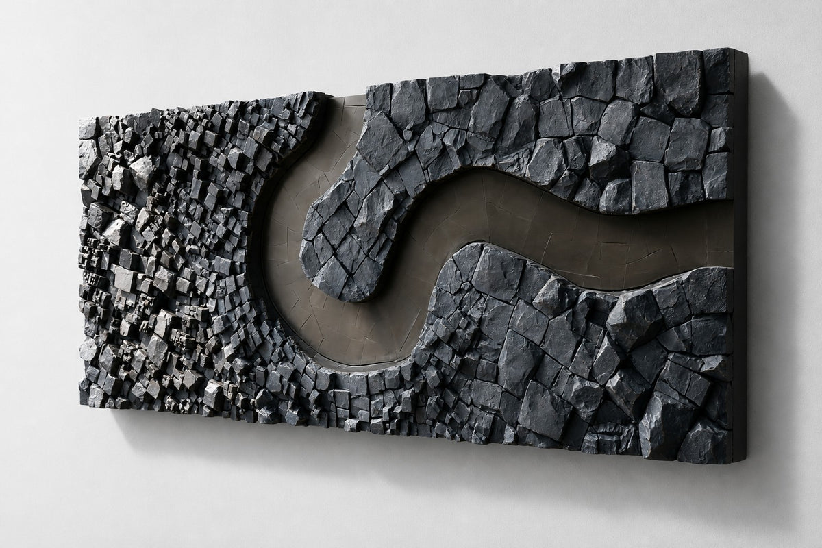 Recodo — slate stone block wall relief with a bronze river bend, studio side angle showing its depth