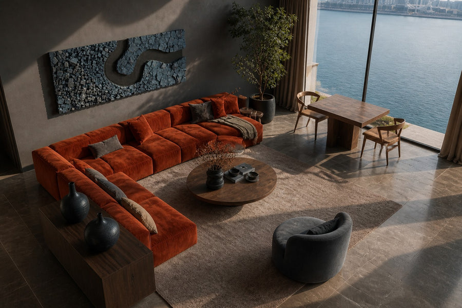 Recodo — slate stone block wall relief with a bronze river bend, seen from above in the room