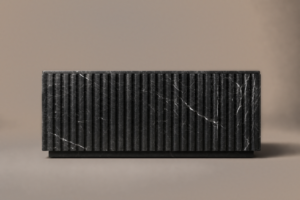 Reeded Base Deep black marble plinth base by 1-OPH, side elevation