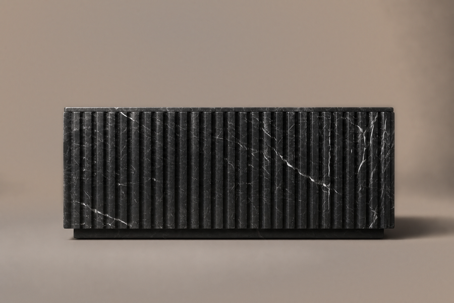 Reeded Base Deep black marble plinth base by 1-OPH, side elevation