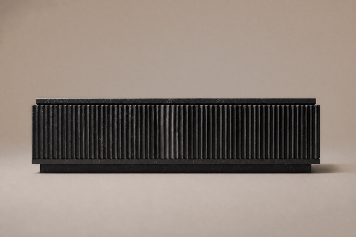 Reeded Base Long black marble plinth base by 1-OPH, side elevation