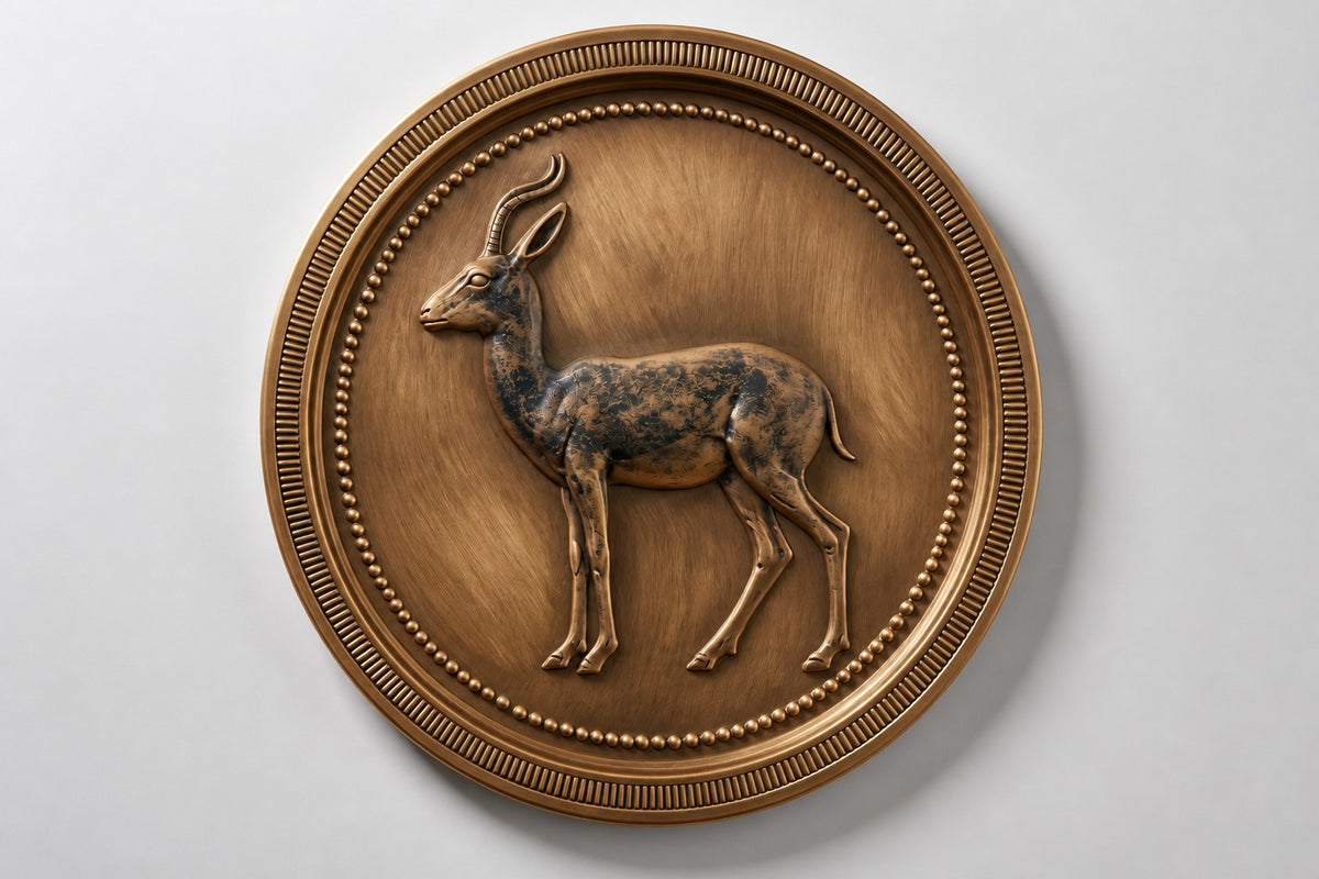 Reem — Ø 160 cm bronze medallion wall relief of a gazelle, studio front view