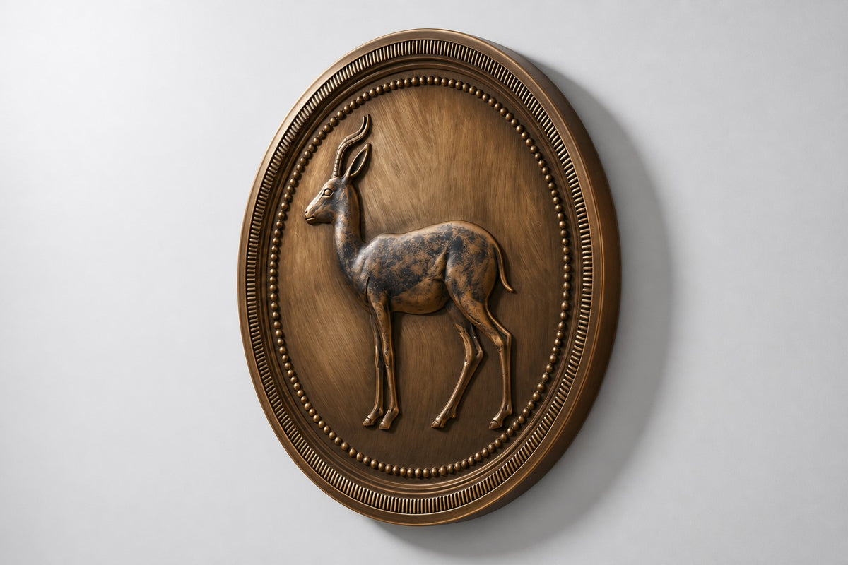 Reem — Ø 160 cm bronze medallion wall relief of a gazelle, studio side angle showing its depth