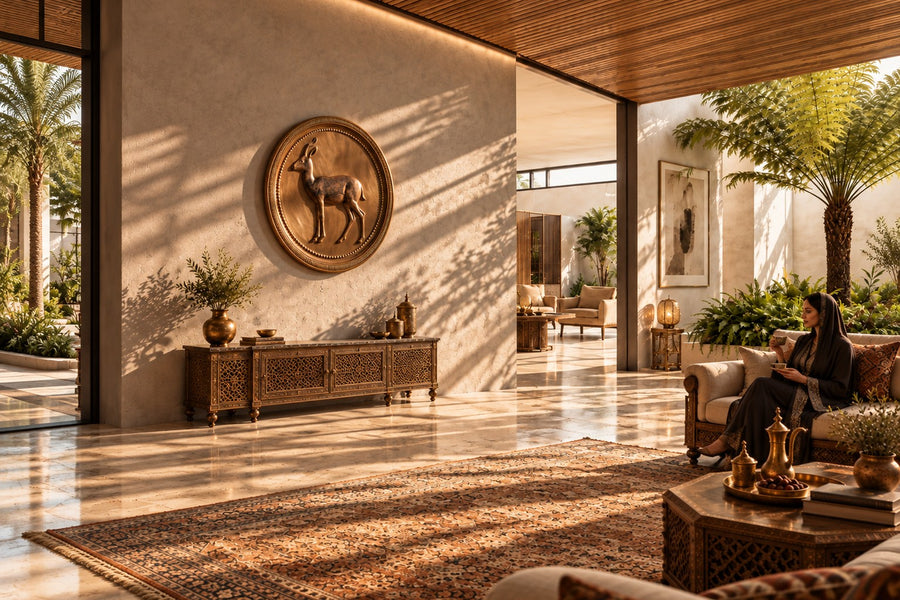 Reem — Ø 160 cm bronze medallion wall relief of a gazelle, installed on the wall of a furnished room