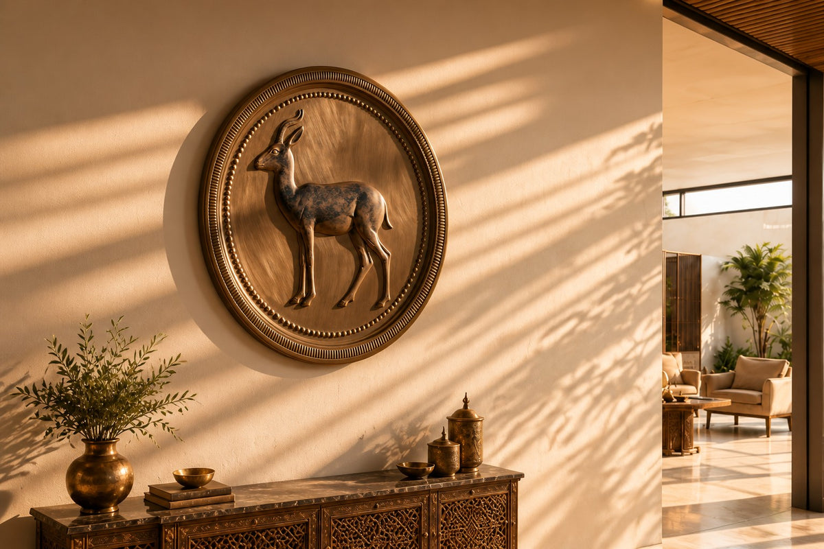Reem — Ø 160 cm bronze medallion wall relief of a gazelle, close view on the wall