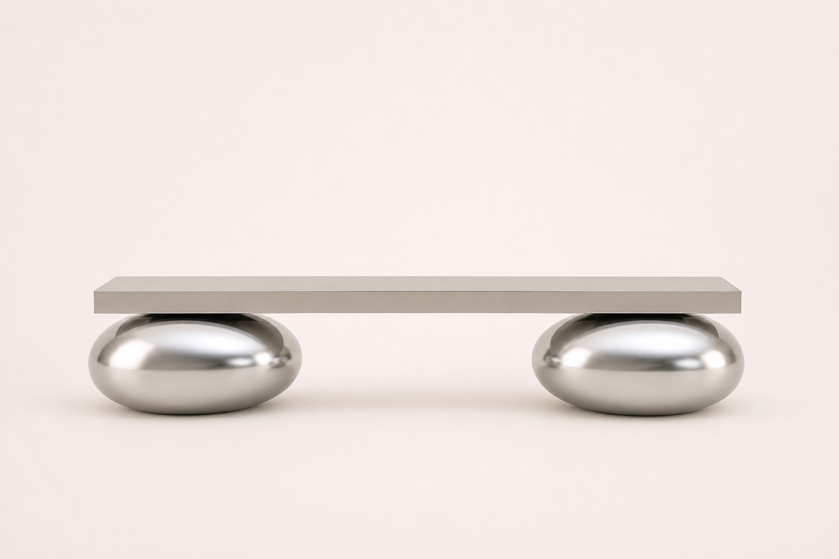 Repose stainless steel sculptural bench, studio view of the whole piece