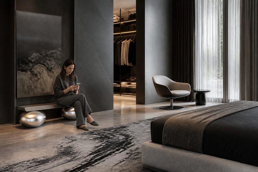 Repose stainless steel sculptural bench, shown in a room setting, at full scale