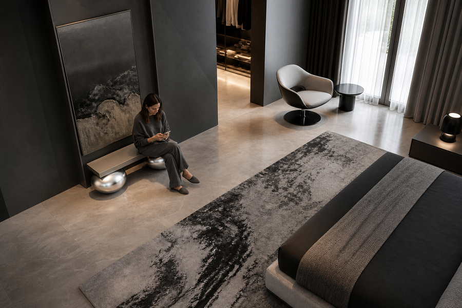 Repose stainless steel sculptural bench, overhead view in a room setting