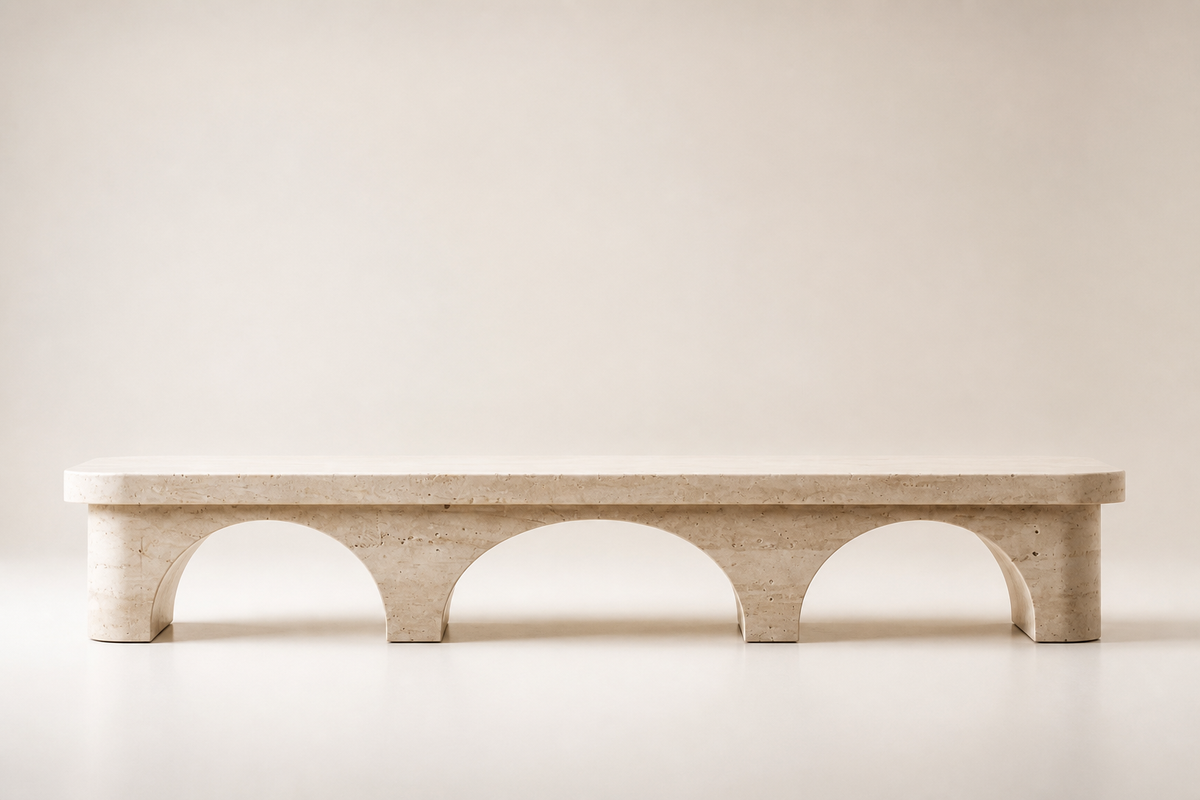 Reposo 180 limestone sculptural bench, studio view of the whole piece