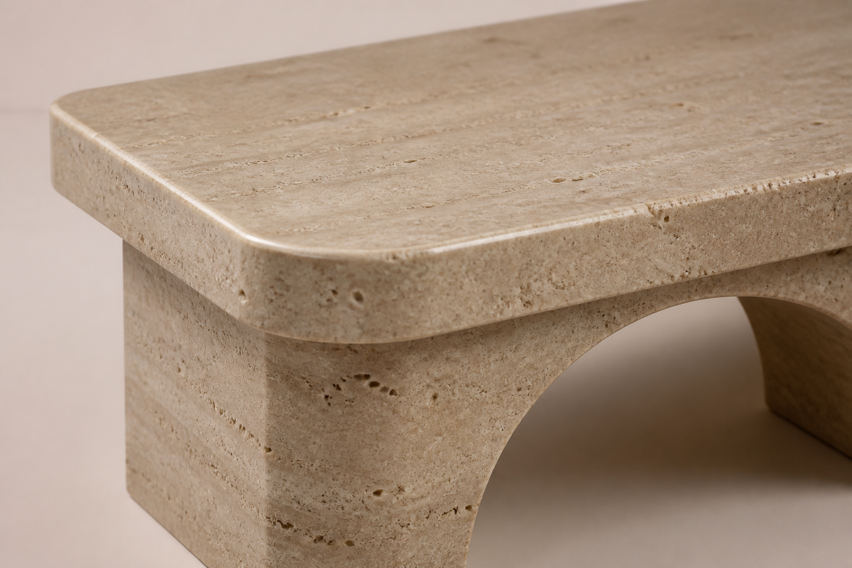 Reposo 180 limestone sculptural bench, close studio detail of the surface and material