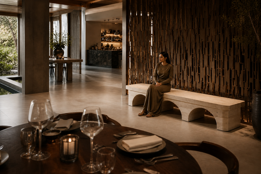 Reposo 180 limestone sculptural bench, shown in a room setting, at full scale