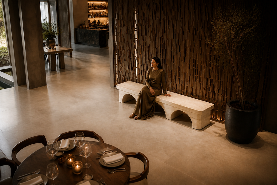 Reposo 180 limestone sculptural bench, overhead view in a room setting