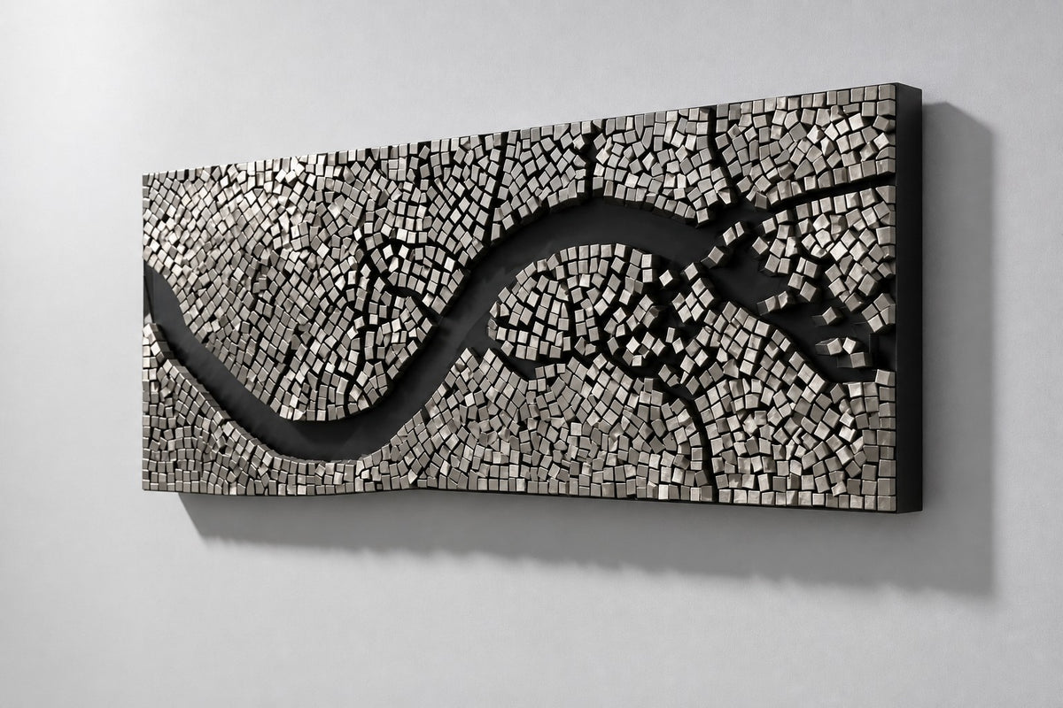 Rialto — 260 × 14 cm long mirror-mosaic wall panel crossed by a winding black river, three-quarter studio view showing its profile