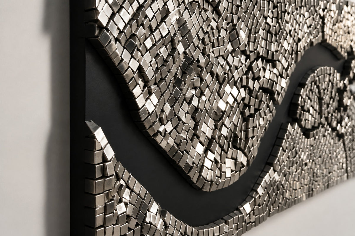 Rialto — 260 × 14 cm long mirror-mosaic wall panel crossed by a winding black river, close studio detail of the surface and material