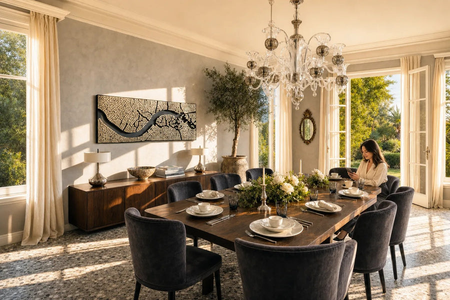 Rialto — 260 × 14 cm long mirror-mosaic wall panel crossed by a winding black river, placed in a furnished room