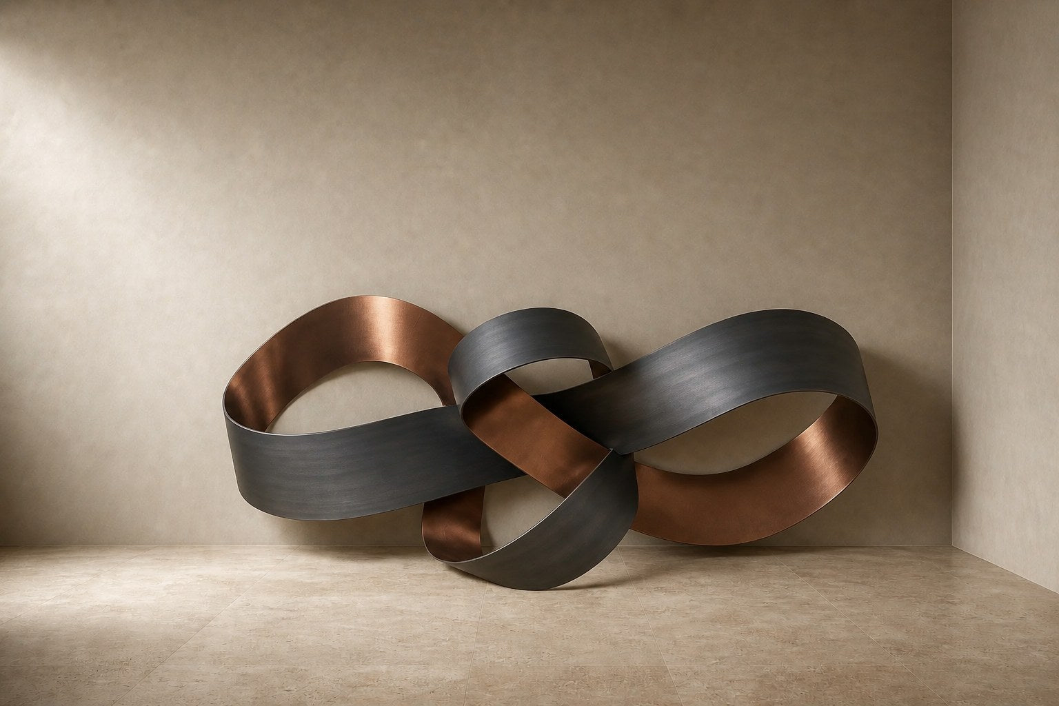 Two broad bronze bands interlocked into an open knot, graphite outside and copper within.
