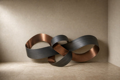 Two broad bronze bands interlocked into an open knot, graphite outside and copper within.