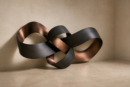 Two broad bronze bands interlocked into an open knot, graphite outside and copper within.