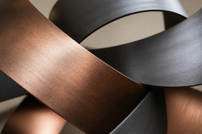 Two broad bronze bands interlocked into an open knot, graphite outside and copper within.