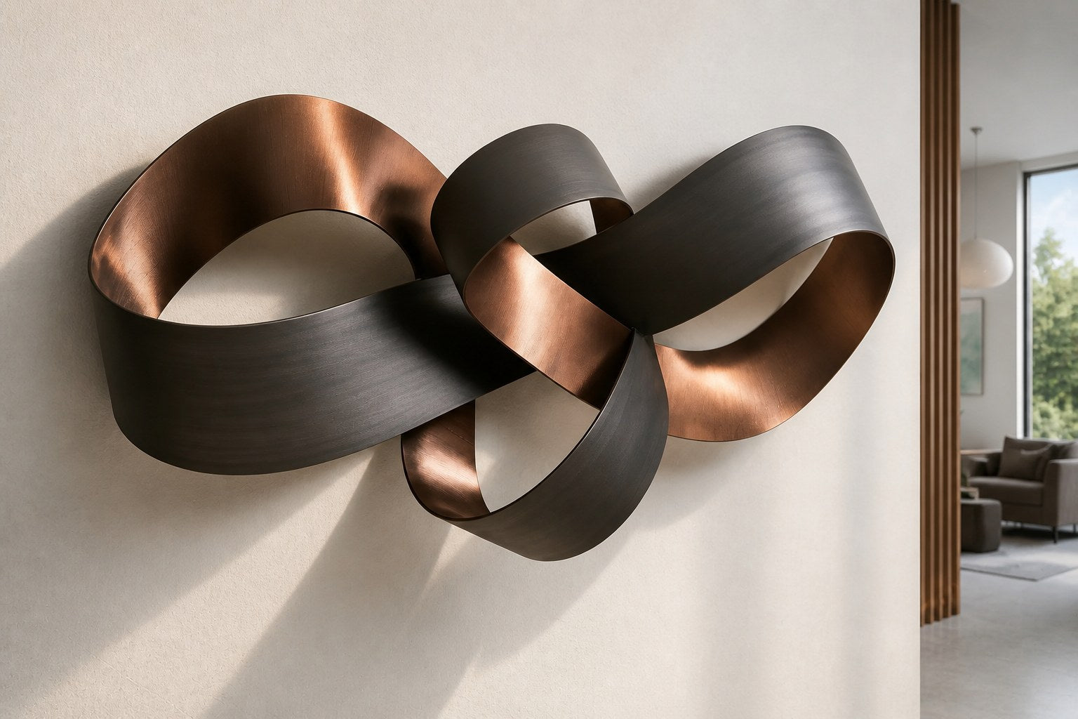 Two broad bronze bands interlocked into an open knot, graphite outside and copper within.