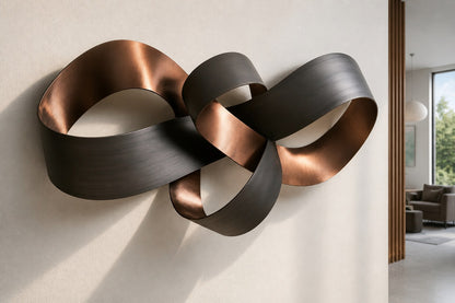 Two broad bronze bands interlocked into an open knot, graphite outside and copper within.