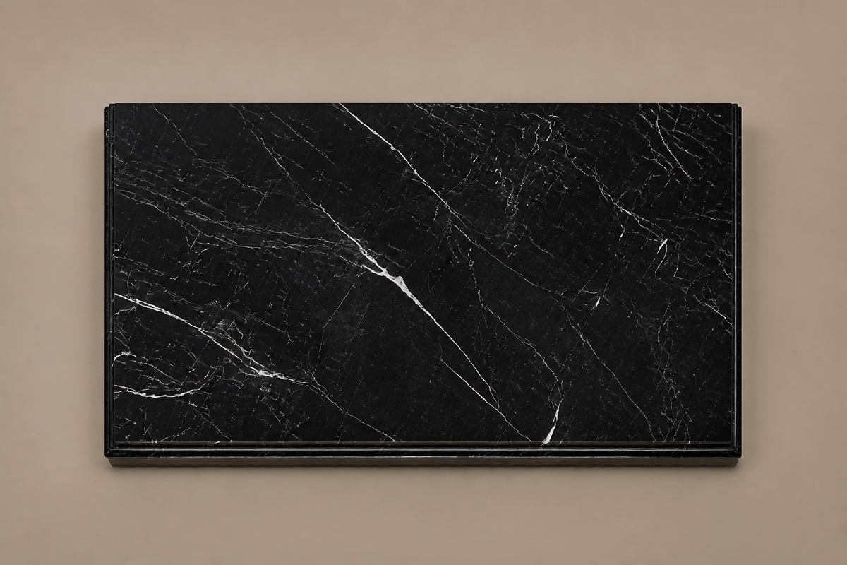 Ribbed Horizontal Base Long black marble plinth base by 1-OPH, overhead view