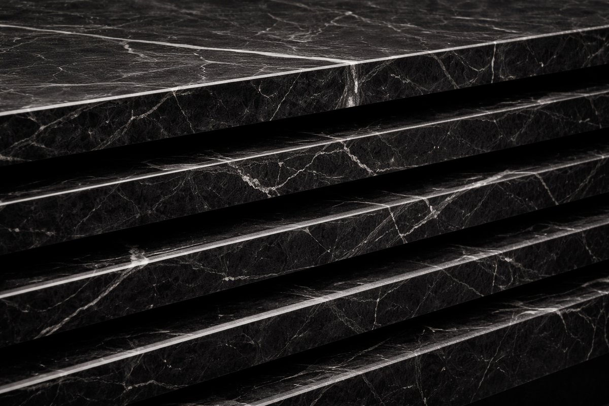 Ribbed Horizontal Base Long black marble plinth base by 1-OPH, surface detail