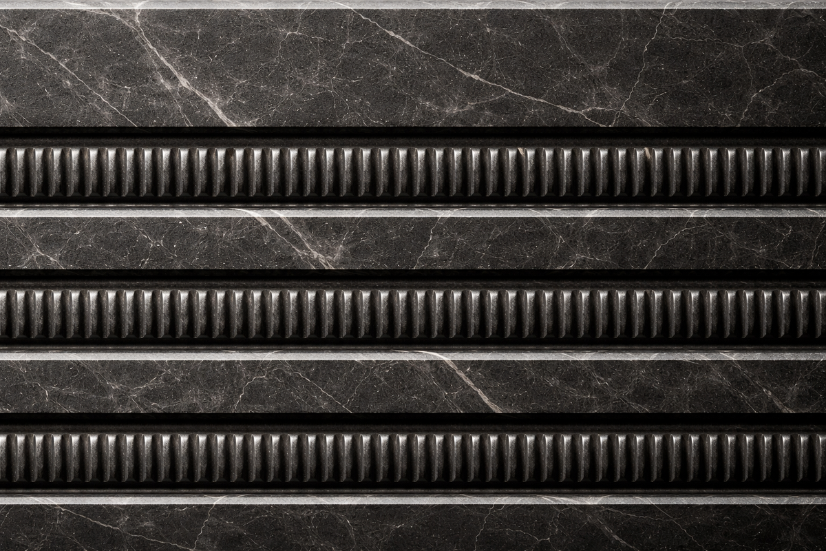 Ribbed Horizontal Base Stacked black marble plinth base by 1-OPH, surface detail