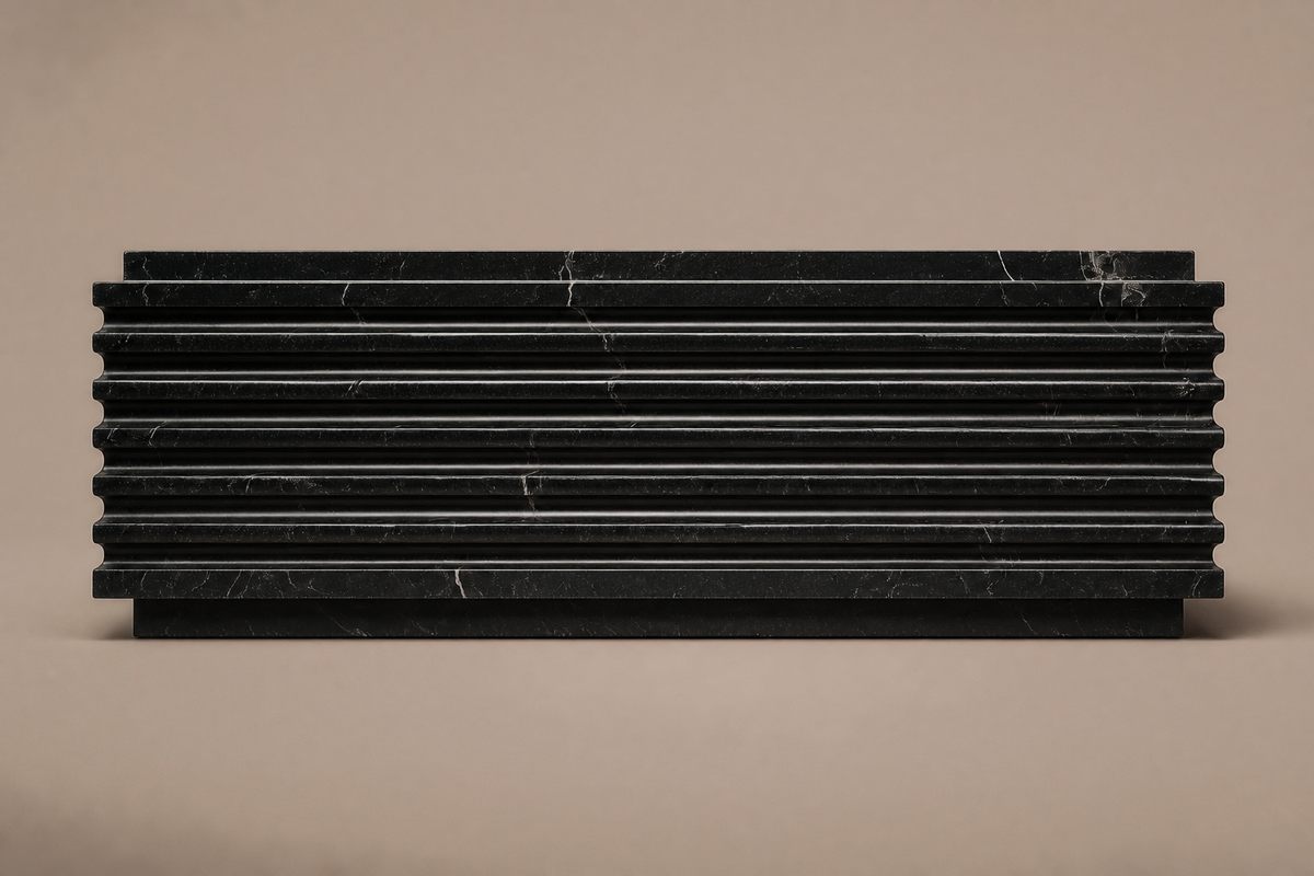 Ribbed Horizontal Base Wide black marble plinth base by 1-OPH, side elevation