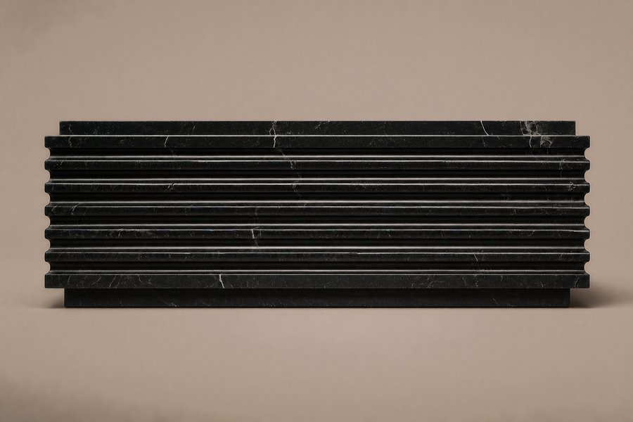 Ribbed Horizontal Base Wide black marble plinth base by 1-OPH, side elevation