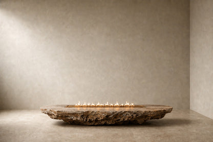 Coral travertine fire table Rimala 220, warm coral and honey, on a pale stone floor.