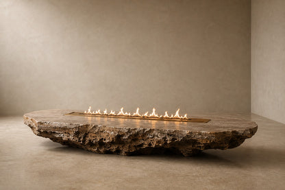 Coral travertine fire table Rimala 220, warm coral and honey, on a pale stone floor.