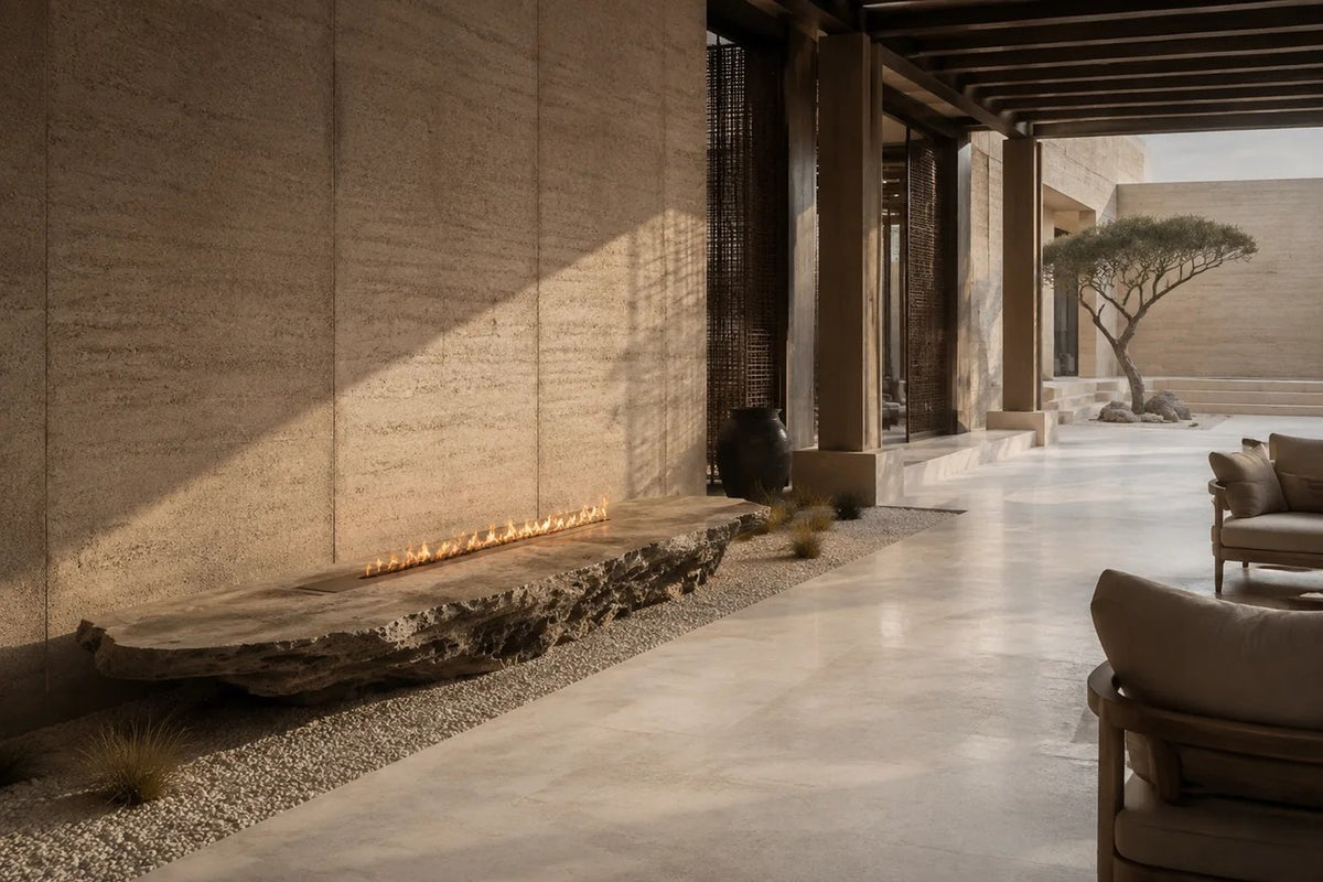 Coral travertine fire table Rimala 220, warm coral and honey, on a pale stone floor.